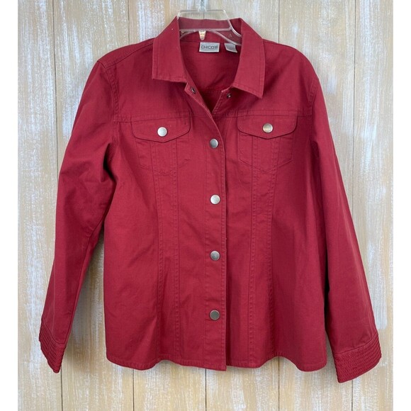 Chico's Red Shirt Jacket Shacket Women's Size 2 Large Long Sleeve Pockets Snaps - Picture 1 of 8